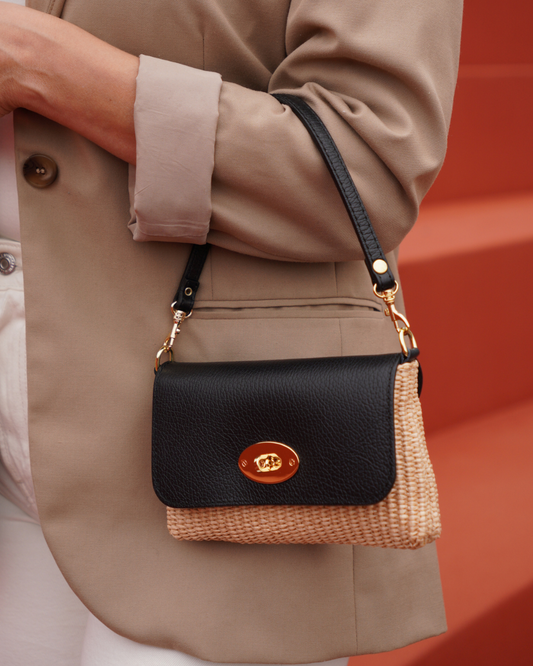 Handtas Ella – Raffia & Leer – Zwart