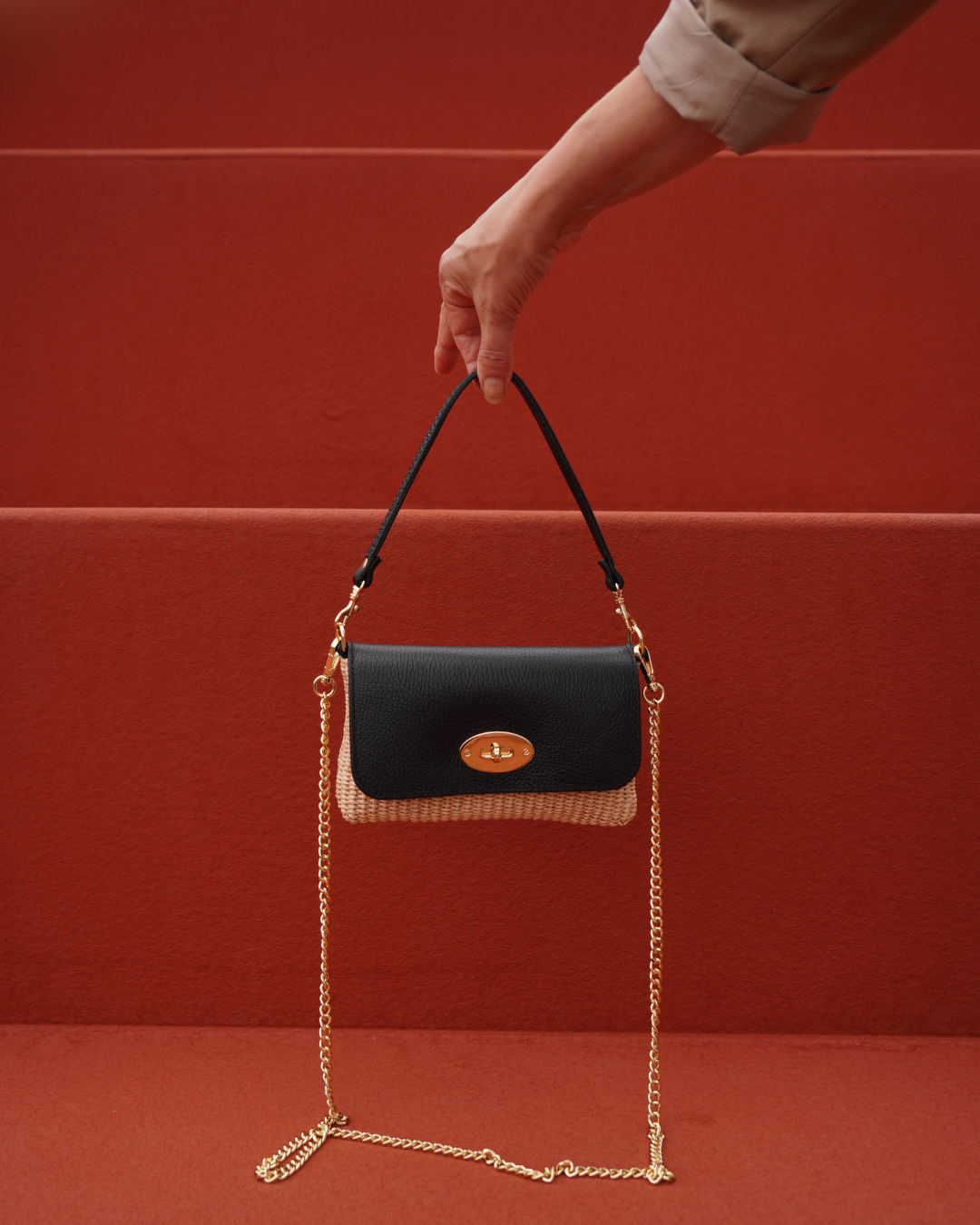 Handtas Ella – Raffia & Leer – Zwart