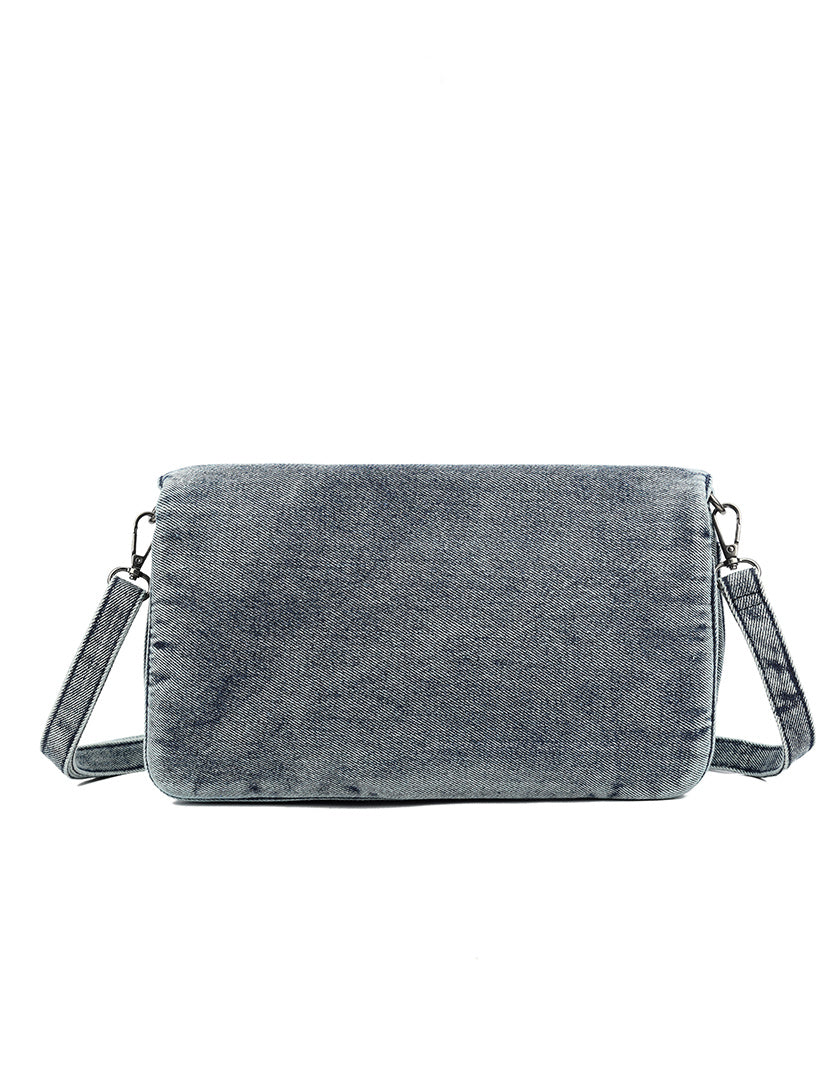 Denim schoudertas met zilverkleurige details
