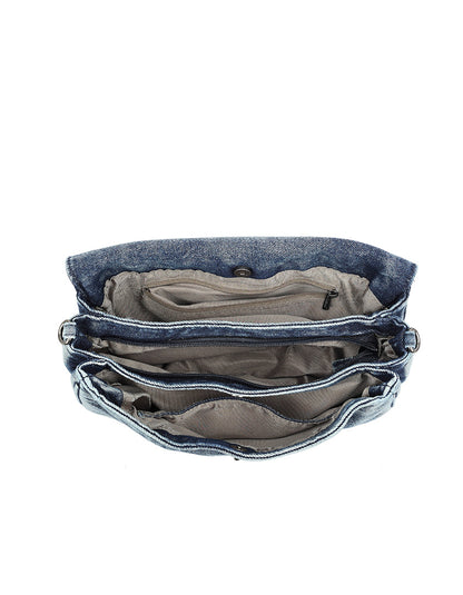 Denim schoudertas met zilverkleurige details