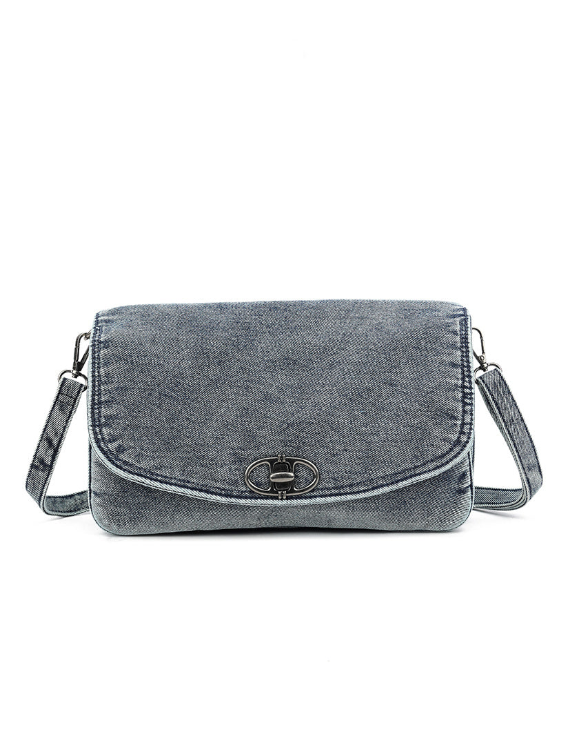 Denim schoudertas met zilverkleurige details
